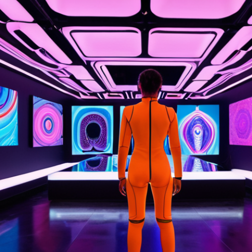 Home 11 **
A futuristic art gallery. People are wearing haptic suits, interacting with vibrant, multi-sensory digital art installations. The art combines visual colors that seem to melt into tactile sensations and even evoke tastes, creating a fully immersive, almost synesthetic experience. Bright, neon lights and sleek, modern architecture enhance the advanced technological feel.
**