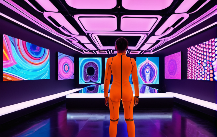 **
A futuristic art gallery. People are wearing haptic suits, interacting with vibrant, multi-sensory digital art installations. The art combines visual colors that seem to melt into tactile sensations and even evoke tastes, creating a fully immersive, almost synesthetic experience. Bright, neon lights and sleek, modern architecture enhance the advanced technological feel.
**