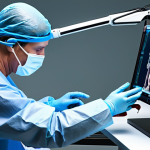 **Prompt:** A surgeon using robotic arms with tactile feedback gloves, operating on a patient remotely. Futuristic medical technology, high precision.