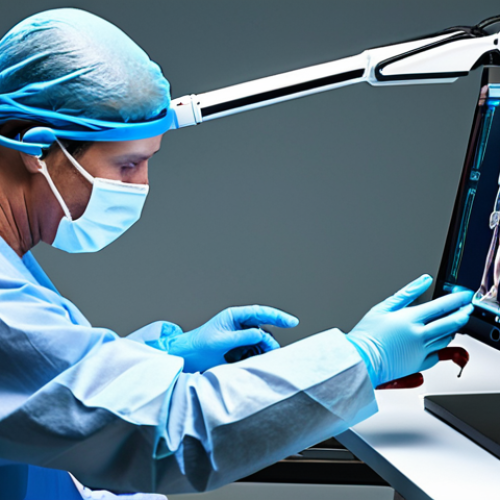 Home 6 **Prompt:** A surgeon using robotic arms with tactile feedback gloves, operating on a patient remotely. Futuristic medical technology, high precision.