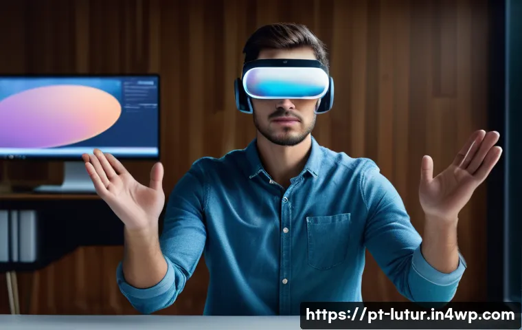 감각 확장 인터페이스의 통합적 접근 방법 - A futuristic augmented reality setup showcasing a person wearing advanced wearable devices with inte...