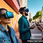 Home 22 감각 확장 인터페이스와 사회적 책임 - A futuristic scene showing a diverse group of people wearing AR and VR headsets in a modern Brazilia...