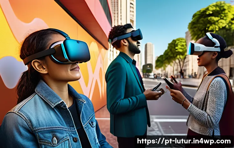 감각 확장 인터페이스와 사회적 책임 - A futuristic scene showing a diverse group of people wearing AR and VR headsets in a modern Brazilia...