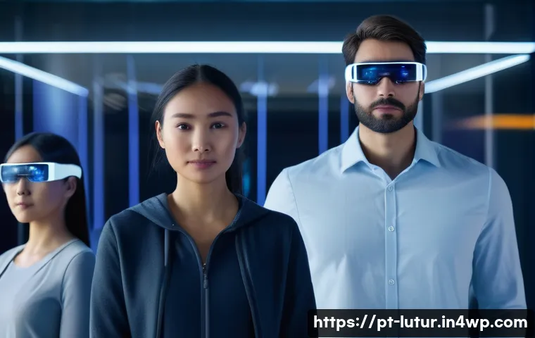 감각 확장 인터페이스의 개인화된 경험 제공 - A futuristic sensory interface laboratory scene featuring a diverse group of adult users wearing sle...