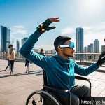 Home 19 감각 확장 인터페이스의 사회적 가치 창출 - A futuristic scene depicting a diverse group of people using advanced sensory expansion devices in a...