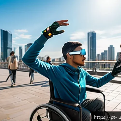 Home 31 감각 확장 인터페이스의 사회적 가치 창출 - A futuristic scene depicting a diverse group of people using advanced sensory expansion devices in a...