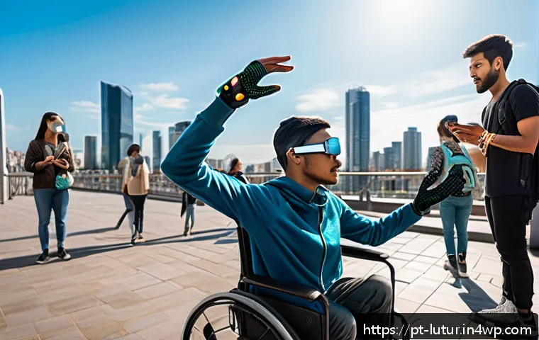 감각 확장 인터페이스의 사회적 가치 창출 - A futuristic scene depicting a diverse group of people using advanced sensory expansion devices in a...