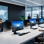 Home 18 감각 확장 인터페이스의 개발 도구 소개 - A futuristic interactive workspace featuring a diverse team of professionals using advanced haptic s...