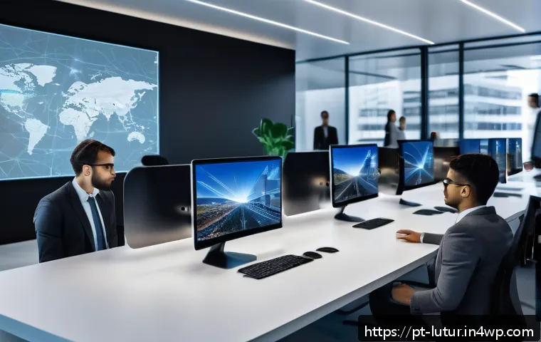 감각 확장 인터페이스의 개발 도구 소개 - A futuristic interactive workspace featuring a diverse team of professionals using advanced haptic s...