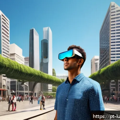Home 17 감각 확장 인터페이스의 문화적 영향 - A futuristic scene of a person using augmented reality glasses in a bustling São Paulo city square, ...