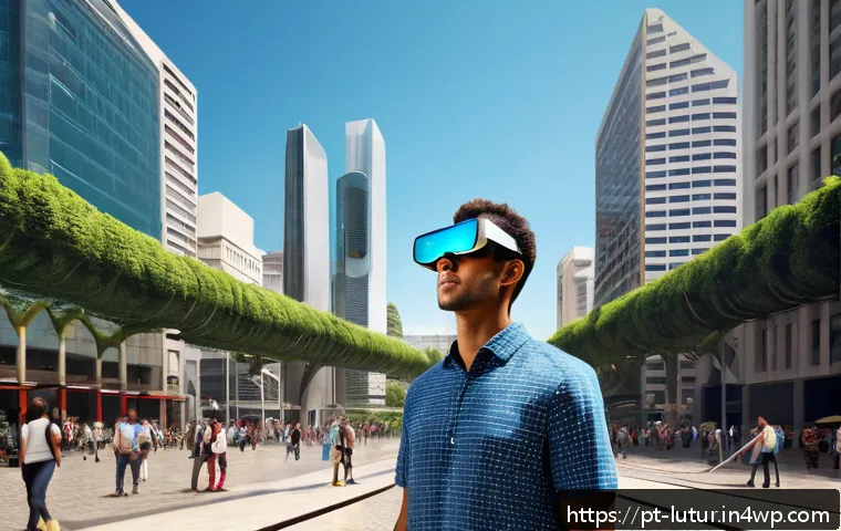 감각 확장 인터페이스의 문화적 영향 - A futuristic scene of a person using augmented reality glasses in a bustling São Paulo city square, ...